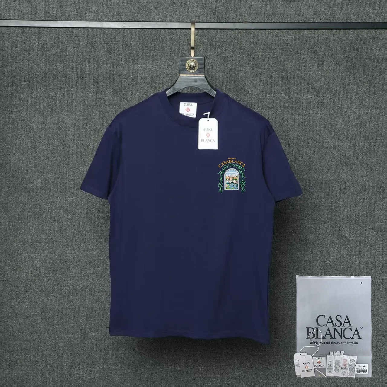 26ss CASABLANCA original printing process short-sleeved T-shirt original development using high-density double yarn pure cotton fabric upper body soft and comfortable color Black White Dark Green color Orange Pink Blue Royal Blue color cigarette powder 8 colors Sizes S M L XL